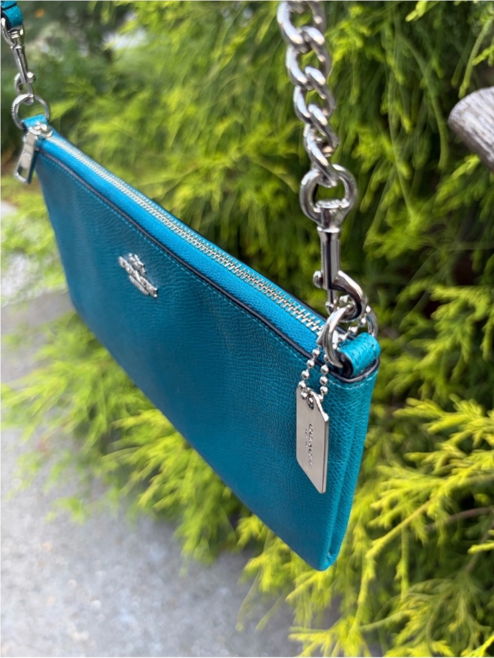 Coach Teal Blue Pebbled Leather Chain Crossbody Bag Pouch EUC - Picture 8 of 13